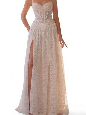 SHEIN Blush Lace Corset Strapless Wedding Gown with Thigh Slit